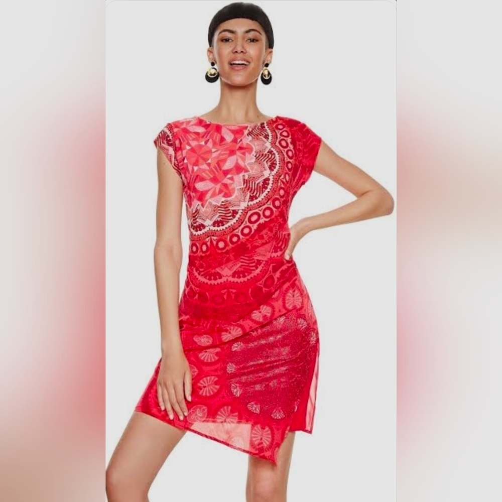 Desigual side rouched cap sleeve 36" long dress red pink coral orange sz 44